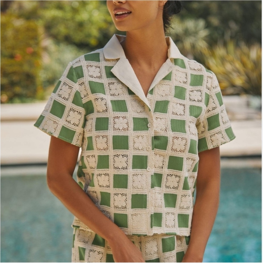 Anthropologie Green and Cream Button Down Shirt